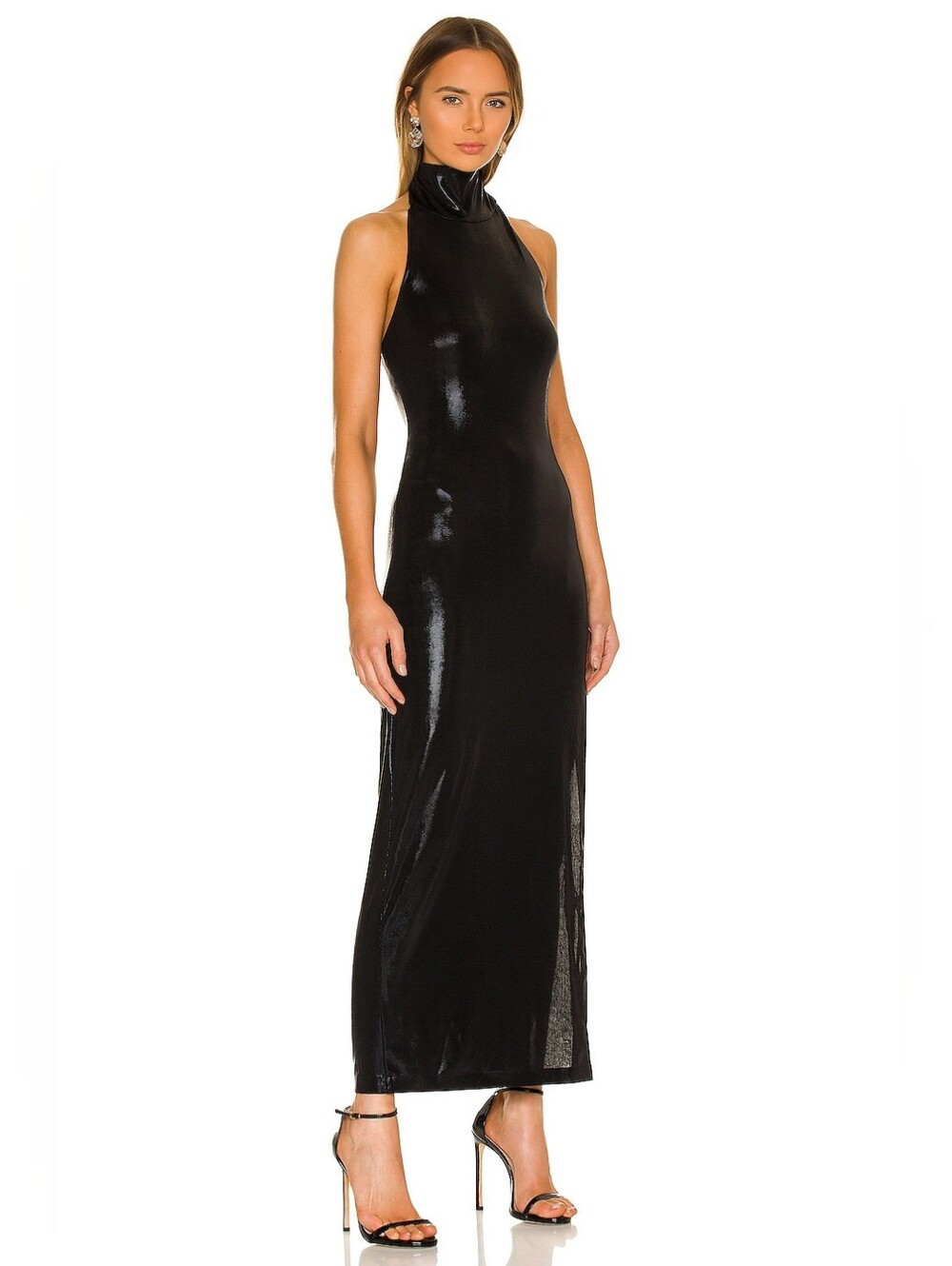 NWT $175 NORMA KAMALI Halter Turtle Side Slit Gown Black Shimmer Metallic Small